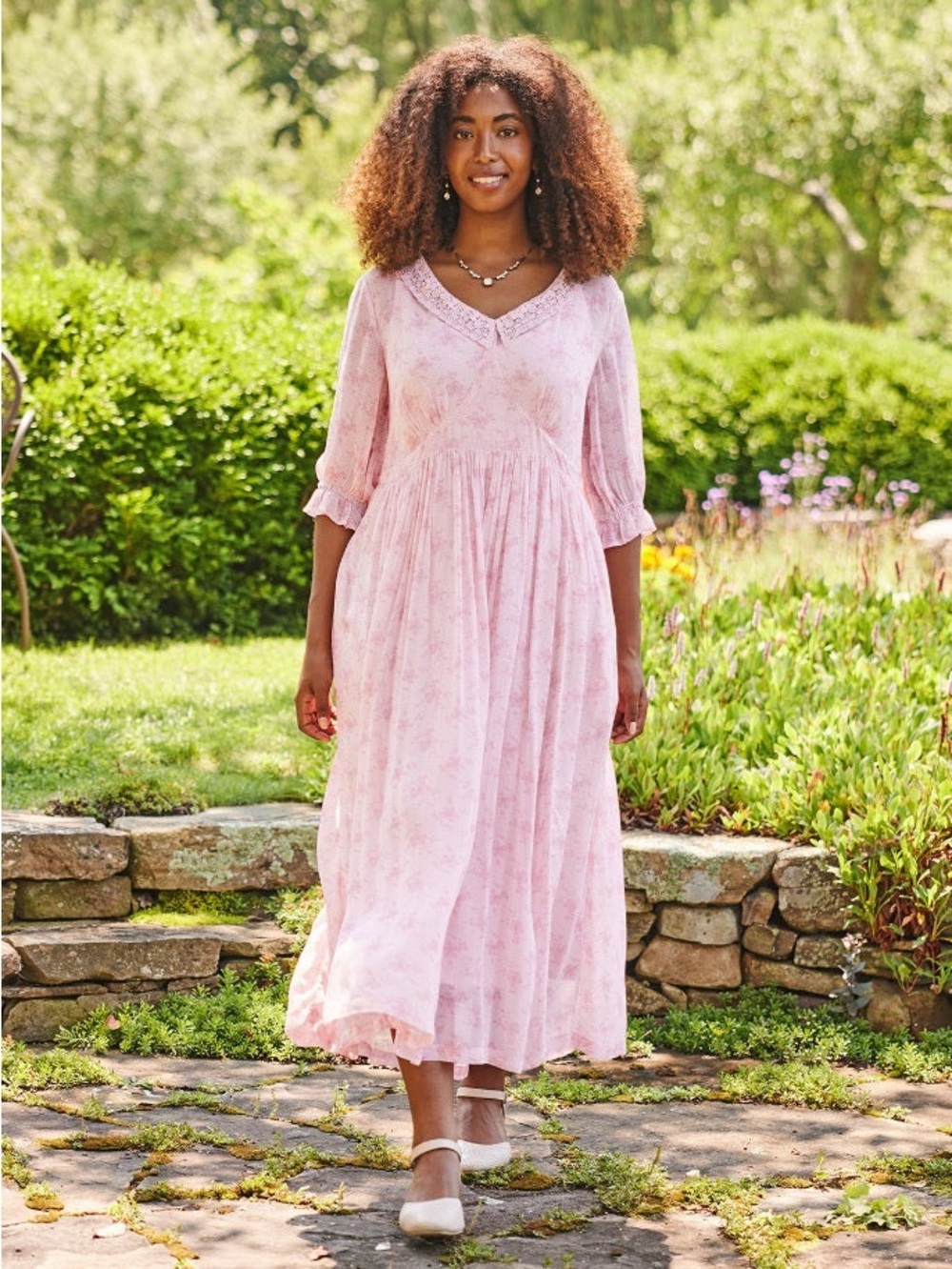 April Cornell Soft Pink Floral V-Neck Midi Dress Size M 100% Rayón 100% Cotton
